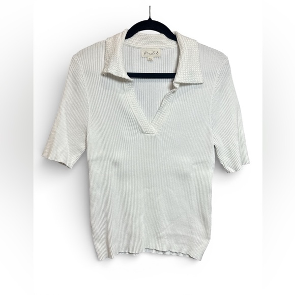 Marled Sweaters - Marled Ribbed Knit Polo Top XL White Short Sleeve Rayon Blend Stretchy